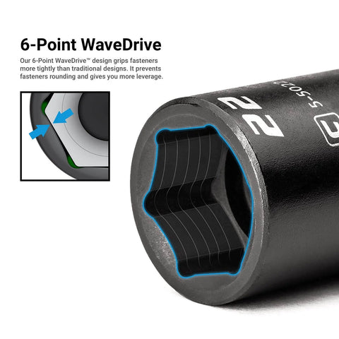 Close-up of Eleven Millimeter Stubby Impact Socket With Three Eighths Inch Drive Six Point Metric Twenty Percent Shorter with WaveDrive design.