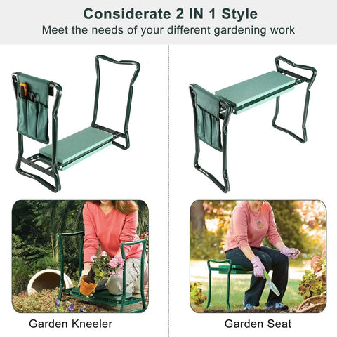 Garden Kneeler And Seat Foldable Bench With Soft Cushion Pad For Outdoor Gardening And Fishing Dual Function Kneeler Converts To Sit Stand Stool Heavy Duty Iron Frame Portable And Easy To Use Green with side pockets and EVA pad.