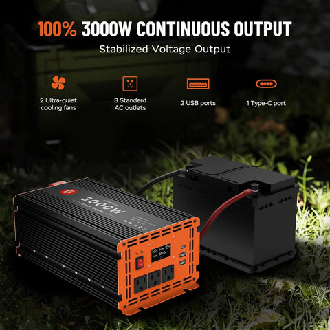 3000W Power Inverter 12V DC To 110V AC Converter with LCD Display, 6000W Peak, connecting to battery outdoors.
