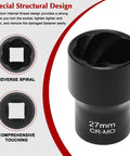 Close-up of a 27mm CR-MO socket from the 25 Piece Bolt Nut Extractor Set With Three Eighths Inch And One Half Inch Drive Heavy Duty Impact Lug Nut Remover Sockets For Wheel Lock Removal And Stripped Rusted Damaged Nuts Or Bolts.