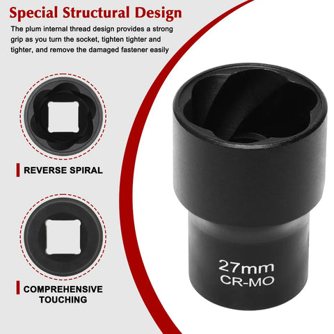 Close-up of a 27mm CR-MO socket from the 25 Piece Bolt Nut Extractor Set With Three Eighths Inch And One Half Inch Drive Heavy Duty Impact Lug Nut Remover Sockets For Wheel Lock Removal And Stripped Rusted Damaged Nuts Or Bolts.