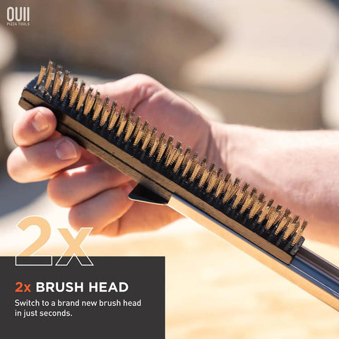 Close-up of 26 Inch Pizza Oven Brush With Stone Scraper Set, showing double-sided brush head with stainless steel bristles.