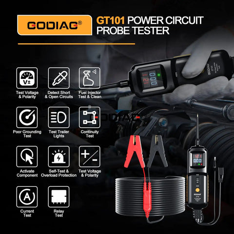 GODIAG GT101 Power Circuit Probe Kit and Tester for 6V to 24V DC systems shown in use on vehicle engine.