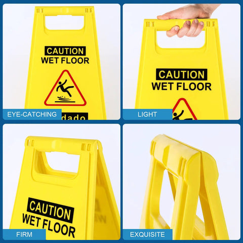 2 Pack Caution Wet Floor Sign Bright Yellow 17.5 Inch Height Double Sided Foldable A Frame With English And Spanish Caution Wet Floor Messages