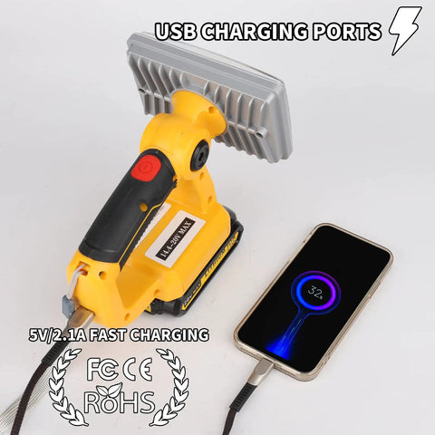 20V Max LED Work Light Flashlight For Dewalt Battery 20W Bright Flood Light showing USB charging with smartphone