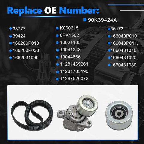 Engine Serpentine Drive Belt Kit Fit 2018 To 2024 Toyota Sienna Lexus RX350 Avalon ES350 3 5L V6 Replace 90K39424A Premium Heavy Duty Drive Belt Compatible With OEM Specs Ensures Smooth Alternator Action And AC Performance Runs Like A Dream. belt, tensioner, and idler pulley shown