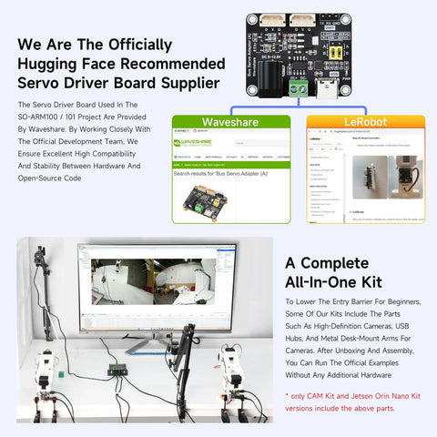 Open Source 6 Axis Robotic Arm Kit With High Torque Bus Servo And Native LeRobot Support 3D Printed Photosensitive Resin Parts Easy DIY 3D Printer Friendly 3D Parts Kit For Creative Robotics Projects, servo board and setup