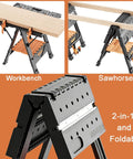 2-In-1 Folding Work Bench And Sawhorse For Quick Setup Portable Work Table with engraved scale, clamps, and bench dogs
