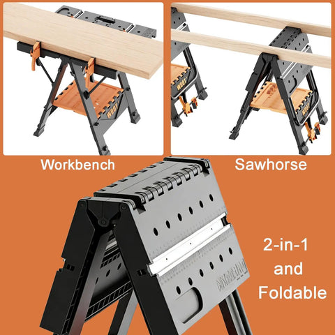 2-In-1 Folding Work Bench And Sawhorse For Quick Setup Portable Work Table with engraved scale, clamps, and bench dogs