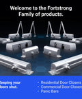 Assorted Fortstrong products with door closers and panic bars, including Beefed Up Panic Bar Exit Device With Alarm For Busy Doors Loud Siren.