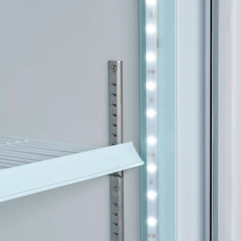Detail of Heavy Duty Triple Glass Door Upright Freezer Merchandiser In Crisp White with LED lighting and shelf support.