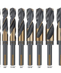 Reduced Shank Drill Bit Set For Metal Wood Plastic, 8 Sizes From 9/16 To 1 Inch, HSS M2 With Titanium Black Nitride Coatings