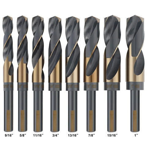 Reduced Shank Drill Bit Set For Metal Wood Plastic, 8 Sizes From 9/16 To 1 Inch, HSS M2 With Titanium Black Nitride Coatings