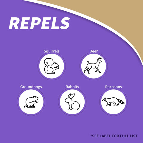 Diagram showing animals repelled by Deer And Rabbit Repellent Granules For Lawn And Garden Ready To Use No Fuss 3 Lb Bag.