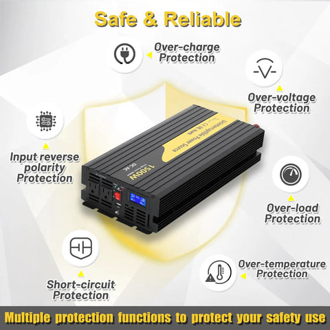 1500W Sump Pump Backup System No Battery Basement Protection Inverter With LCD Display showing multiple safety features