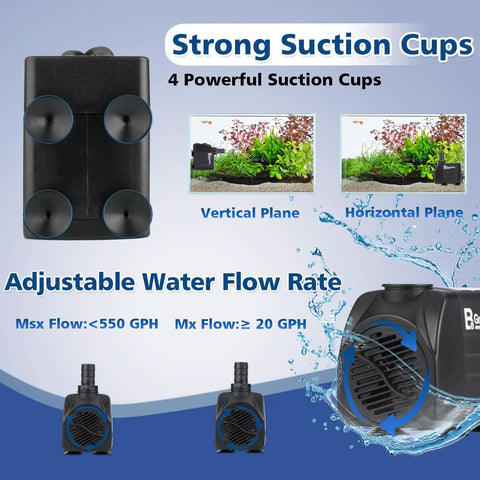 2-Pack 550 GPH Dope Submersible Fountain Pumps Ultra Quiet With 4 Nozzles showing strong suction cups and adjustable flow