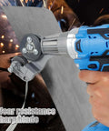 Close-up of Electric Drill Plate Cutter 18V and 21V Double Headed cutting metal sheet with sparks
