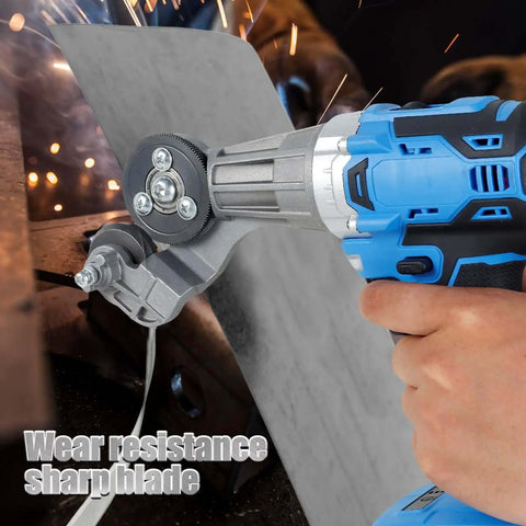 Close-up of Electric Drill Plate Cutter 18V and 21V Double Headed cutting metal sheet with sparks
