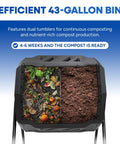 Dual Chamber 43 Gallon Compost Tumbler Bin For Outdoor Gardens And Backyards No Fuss Easy Turn Barrel Mixer To Produce Nutrient Rich Compost Weatherproof Plastic And Steel Build Green showing dual chambers with compost and organic waste inside.