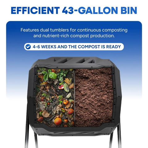 Dual Chamber 43 Gallon Compost Tumbler Bin For Outdoor Gardens And Backyards No Fuss Easy Turn Barrel Mixer To Produce Nutrient Rich Compost Weatherproof Plastic And Steel Build Green showing dual chambers with compost and organic waste inside.