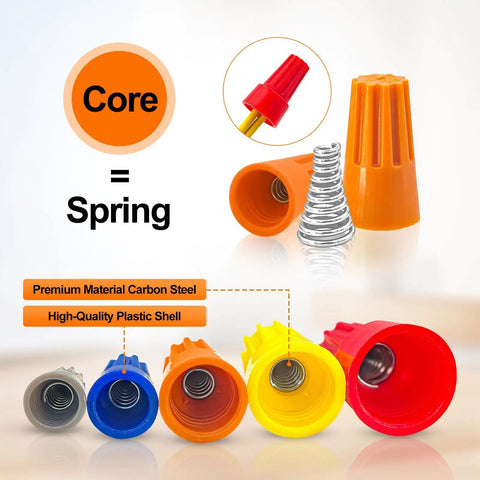 Top Shelf Heavy Duty Wire Nuts Assortment Kit With Solid Insulated Twist Connectors For No Sweat Electrical Wiring and Straight Shot Splices In A Massive Bulk Crate, showcasing colored wire nuts and brass springs.