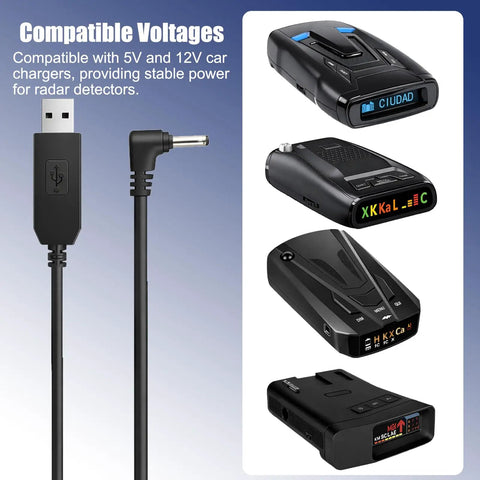 USB To DC 3.5 Power Cable For Radar Detectors 12V 6.56ft Long, shown compatible with various radar detector models.