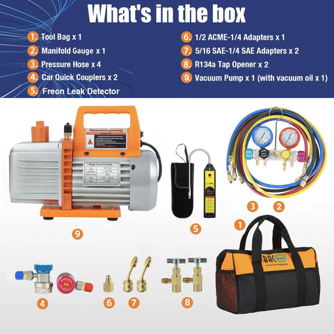 BACOENG 4.5CFM AC vacuum pump and gauge set with colorful hoses and orange carrying bag (front view)