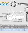 Heavy Duty Stainless Steel Eye Bolt Anchors For Walls, Concrete And Brick, Expansion Bolts With Ring Eyes, M6 Size, dimensions diagram.