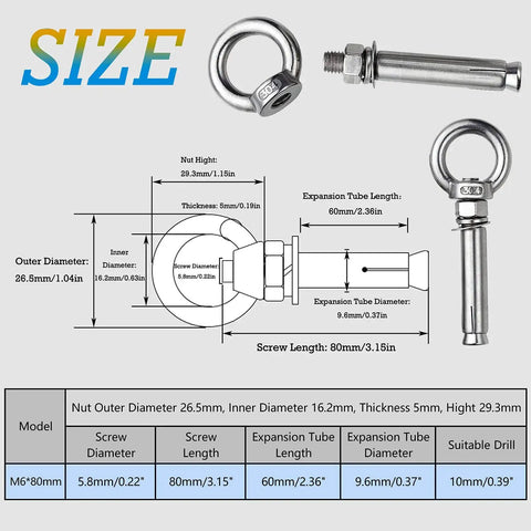 Heavy Duty Stainless Steel Eye Bolt Anchors For Walls, Concrete And Brick, Expansion Bolts With Ring Eyes, M6 Size, dimensions diagram.