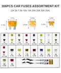 Comprehensive Auto Electric Fuse Assortment Kit With Standard Mini And Low Profile Blades Including Circuit Tester And Fast Puller For Slick Ride Guarding Against Shorts And Wiring Gremlins Ready To Roll Anywhere In Your Whip Today - 306 pieces of assorted blade fuses with specifications.