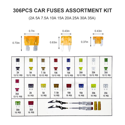 Comprehensive Auto Electric Fuse Assortment Kit With Standard Mini And Low Profile Blades Including Circuit Tester And Fast Puller For Slick Ride Guarding Against Shorts And Wiring Gremlins Ready To Roll Anywhere In Your Whip Today - 306 pieces of assorted blade fuses with specifications.