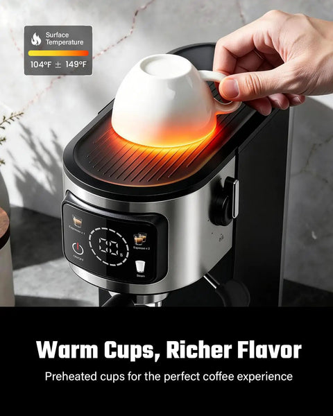 Professional Espresso Machine With Rapid Milk Frother And Pro Steam Wand For Silky Lattes And Bold Cappuccinos with heated cup surface.