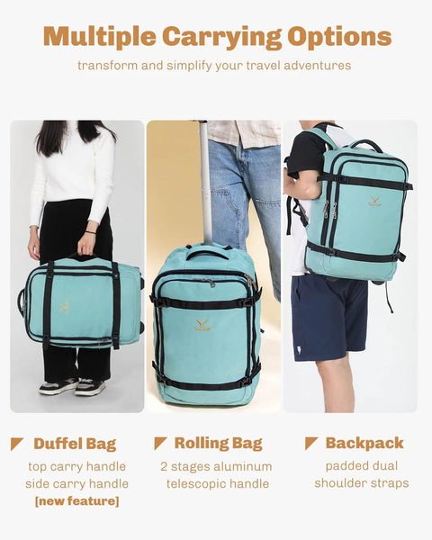 Rolling Backpack 42L Carry On Luggage Mint Green
