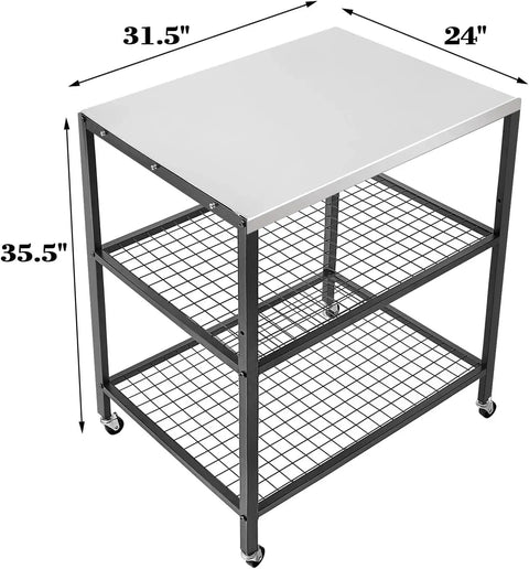 Stainless Steel Outdoor Grill Cart With Wheels For A Serious Outdoor Kitchen Setup Heavy Duty Pizza Oven Stand And Three Shelf Prep Table On The Go Weather Resistant Easy To Clean Fits Grills Pans Tools And Accessories