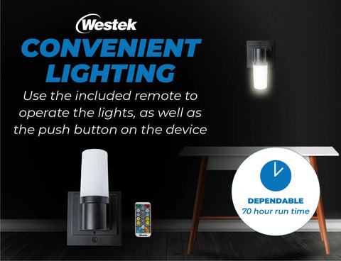 Two Pack Battery Operated Wall Sconces With Remote Easy No Wire Install Matte Black LED Wall Lights 160 Lumen Dimmable Plastic Sconces Auto Shut Off After 4 Hours shown with remote on table, lit up in dark room.
