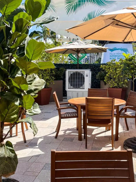 Slash The Sweltering Heat With This Heavy Duty Evaporative Swamp Cooler Featuring A 32 Gallon Tank Variable Speeds And A Massive 4500 Cfm To Keep Your 1200 Square Feet Patio Barn Or Restaurant Cool in outdoor setting.