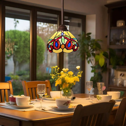 Victorian Style Stained Glass Pendant Light 8 Inch Cream Brown Hanging Lamp over dining table