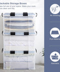 Super Sized 3 Pack Heavy Duty Waterproof Plastic Stackable Storage Totes 90 Quarts Locking Bins with bedding stored in clear bins.
