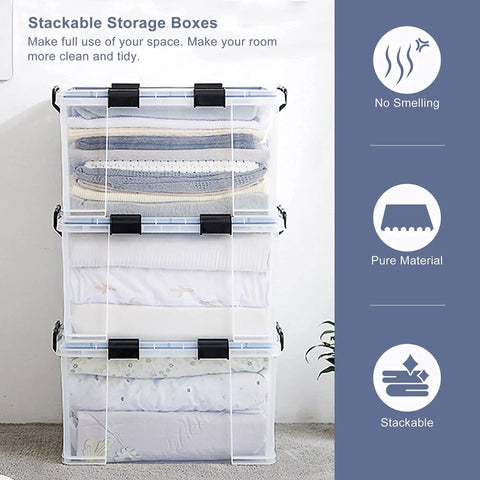 Super Sized 3 Pack Heavy Duty Waterproof Plastic Stackable Storage Totes 90 Quarts Locking Bins with bedding stored in clear bins.