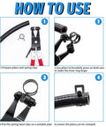PEROMI hose clamp plier kit usage guide with red-handled pliers and black clamps, four-step instructions.