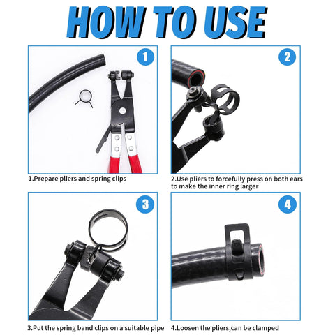 PEROMI hose clamp plier kit usage guide with red-handled pliers and black clamps, four-step instructions.