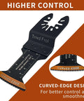 angled side view of Trivd Frol curved-edge oscillating tool blade, black metal with orange edge and ruler markings.