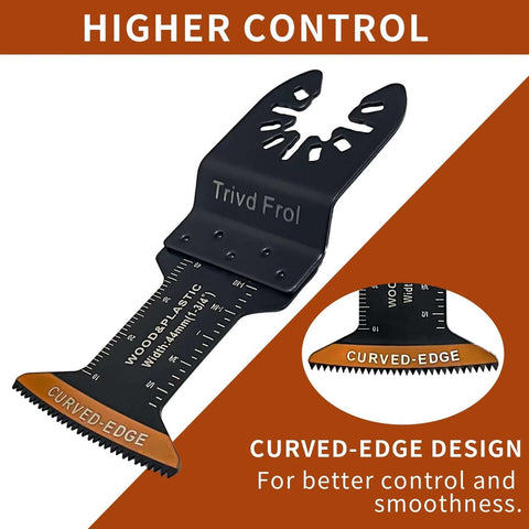 angled side view of Trivd Frol curved-edge oscillating tool blade, black metal with orange edge and ruler markings.