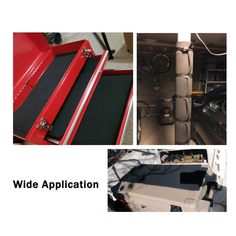 Top Tier Closed Cell Foam Roll Half Inch Thick By 13 Inch Wide By 60 Feet Long used in tool drawers, garage posts, and storage boxes for noise reduction.
