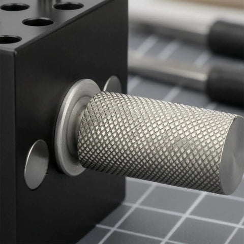 Close-up of the adjustable knob on the Compact Handheld Metal Vise With Multi Peg Holes For Precision Model Work And Desktop Clamping Projects, Durable Black Mini Bench Tool For Crafters.