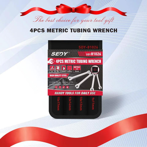 Four Piece Flare Nut Wrench Set With Offset Ends Metric Two Sizes Per Wrench 9 And 11 Millimeter 10 And 12 Millimeter 13 And 14 Millimeter 15 And 17 Millimeter Chromium Vanadium Steel With Pouch For Easy Organization And Nut Removal On Fuel Lines And package view