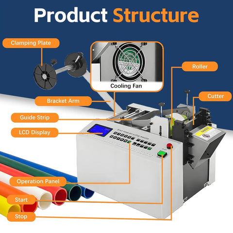 Automatic Heat Shrink Tube Cutter With High Speed Steel Blades For Thermoplastic Silicone Tubes And Cables, featuring a detailed product structure.