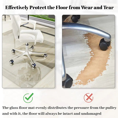 46 By 55 Inch Glass Chair Mat For Carpet And Hard Floors, Heavy Duty Tempered Glass With Round Corners And Polished Edge in use