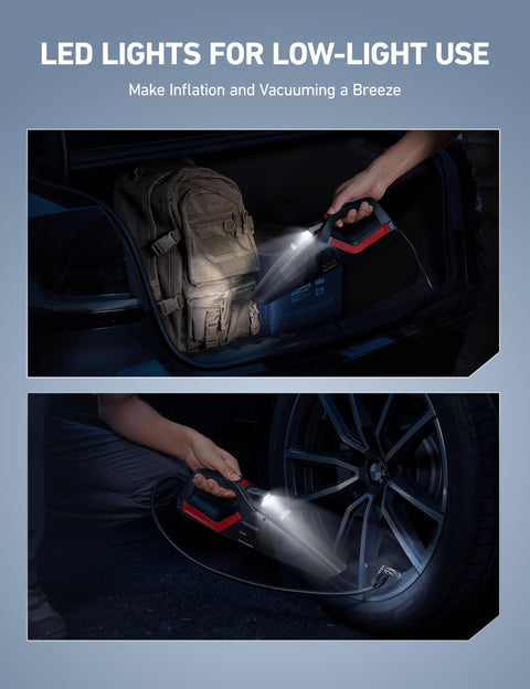 4 In 1 Portable Car Vacuum And Tire Inflator With Led Light And Digital Dual Displays in use at night.