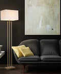 SoHo Floor Lamp 62 Inch In Matte Brass With White Linen Shade and Rotary Switch Tall Corner Reading Light